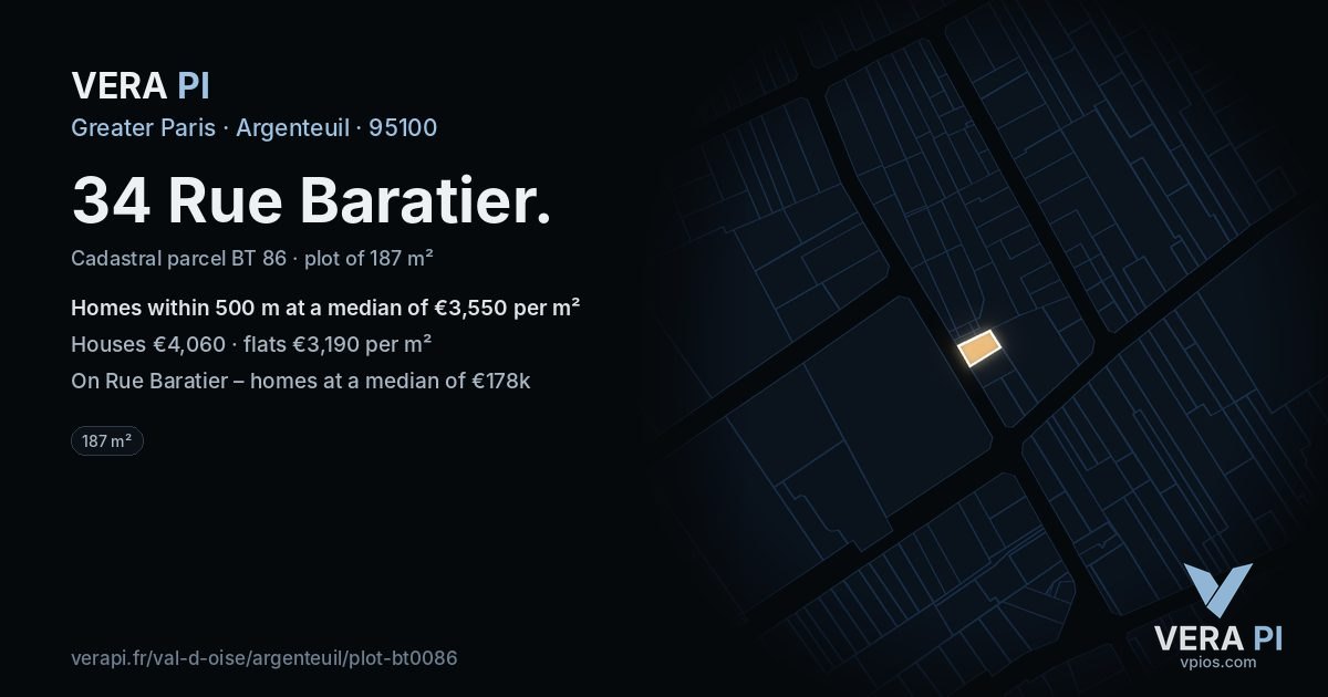 34 Rue Baratier, Argenteuil at night – the plot lit, the parcels around coloured by the prices near them