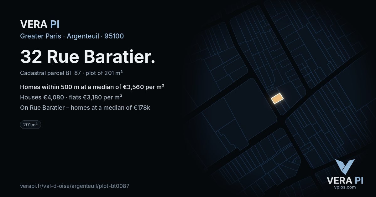 32 Rue Baratier, Argenteuil at night – the plot lit, the parcels around coloured by the prices near them