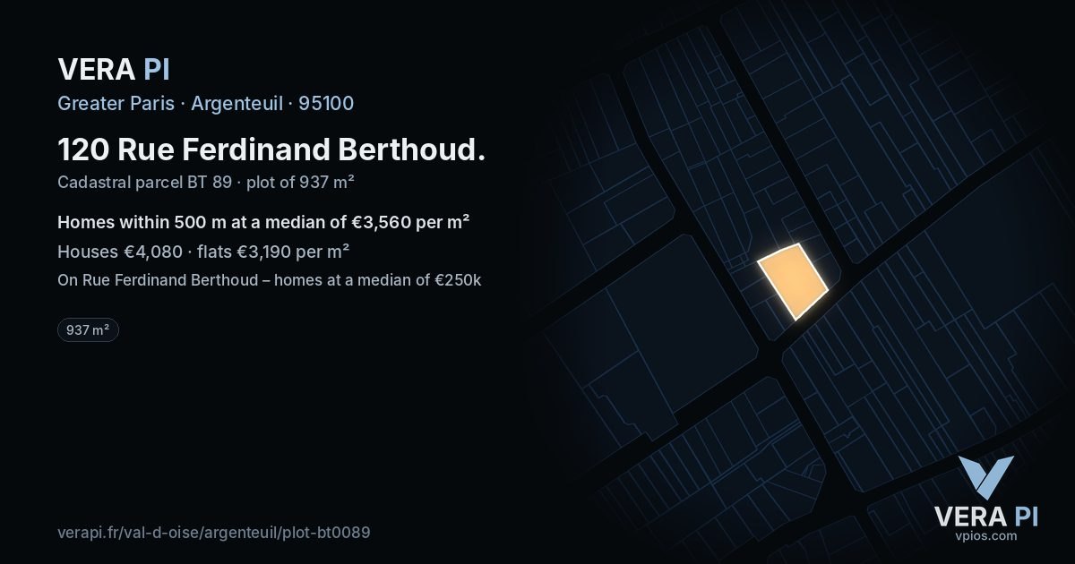 120 Rue Ferdinand Berthoud, Argenteuil at night – the plot lit, the parcels around coloured by the prices near them
