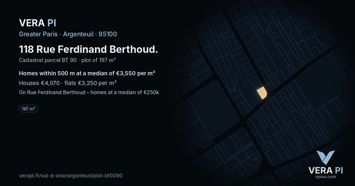 118 Rue Ferdinand Berthoud, Argenteuil at night – the plot lit, the parcels around coloured by the prices near them