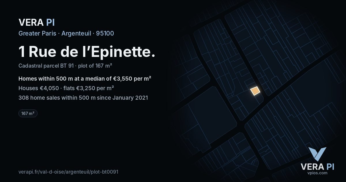 1 Rue de l’Epinette, Argenteuil at night – the plot lit, the parcels around coloured by the prices near them