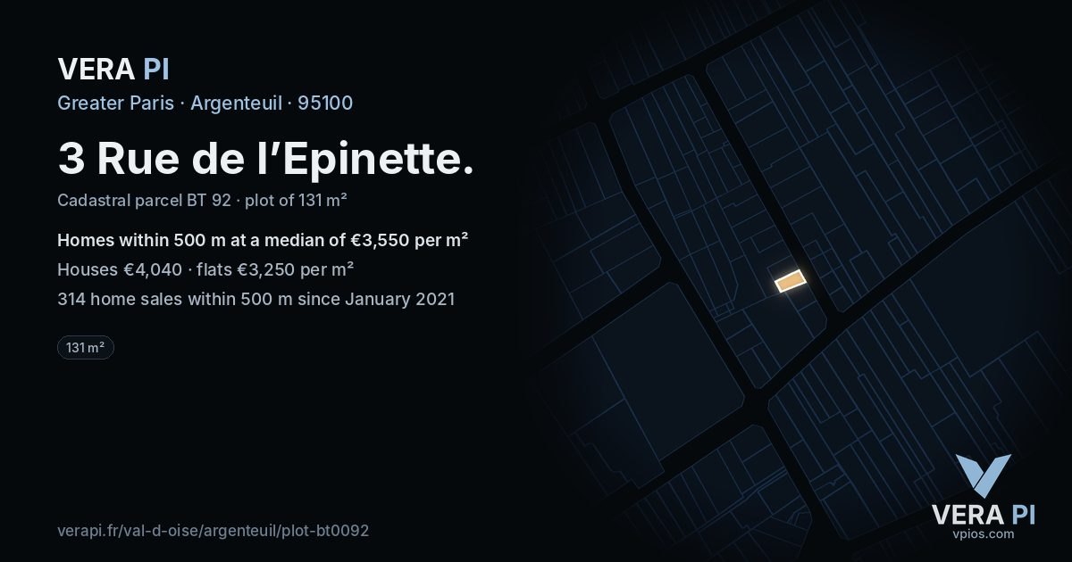 3 Rue de l’Epinette, Argenteuil at night – the plot lit, the parcels around coloured by the prices near them