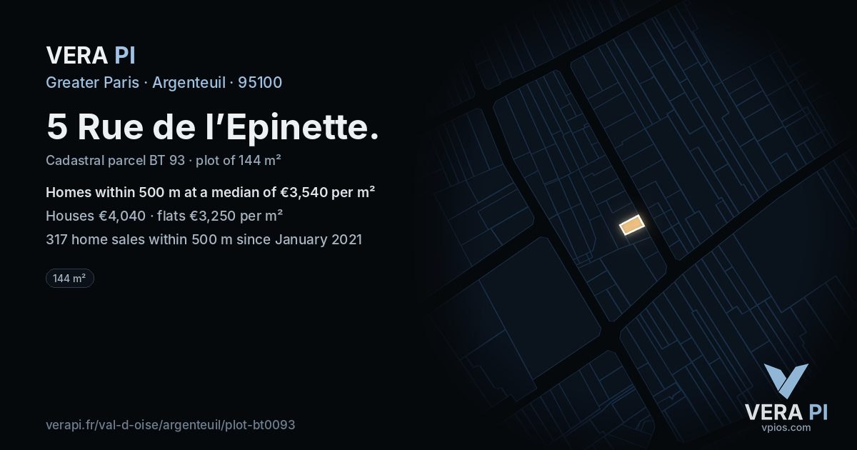 5 Rue de l’Epinette, Argenteuil at night – the plot lit, the parcels around coloured by the prices near them