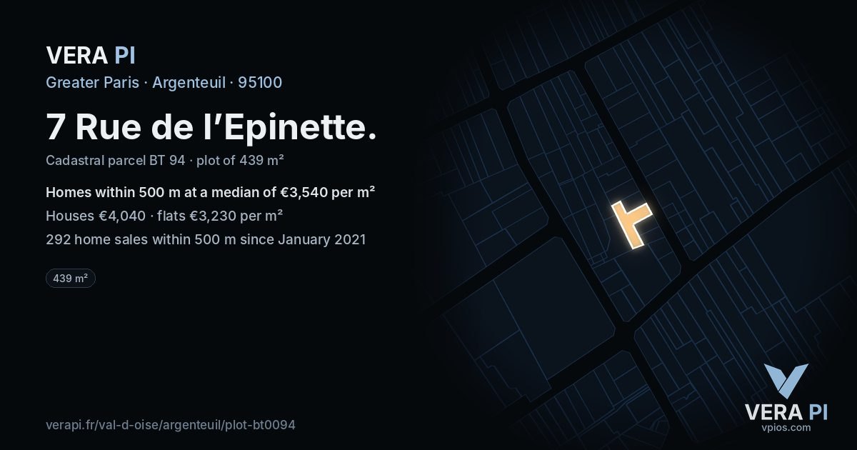 7 Rue de l’Epinette, Argenteuil at night – the plot lit, the parcels around coloured by the prices near them