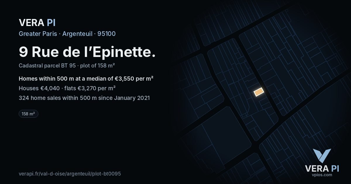 9 Rue de l’Epinette, Argenteuil at night – the plot lit, the parcels around coloured by the prices near them