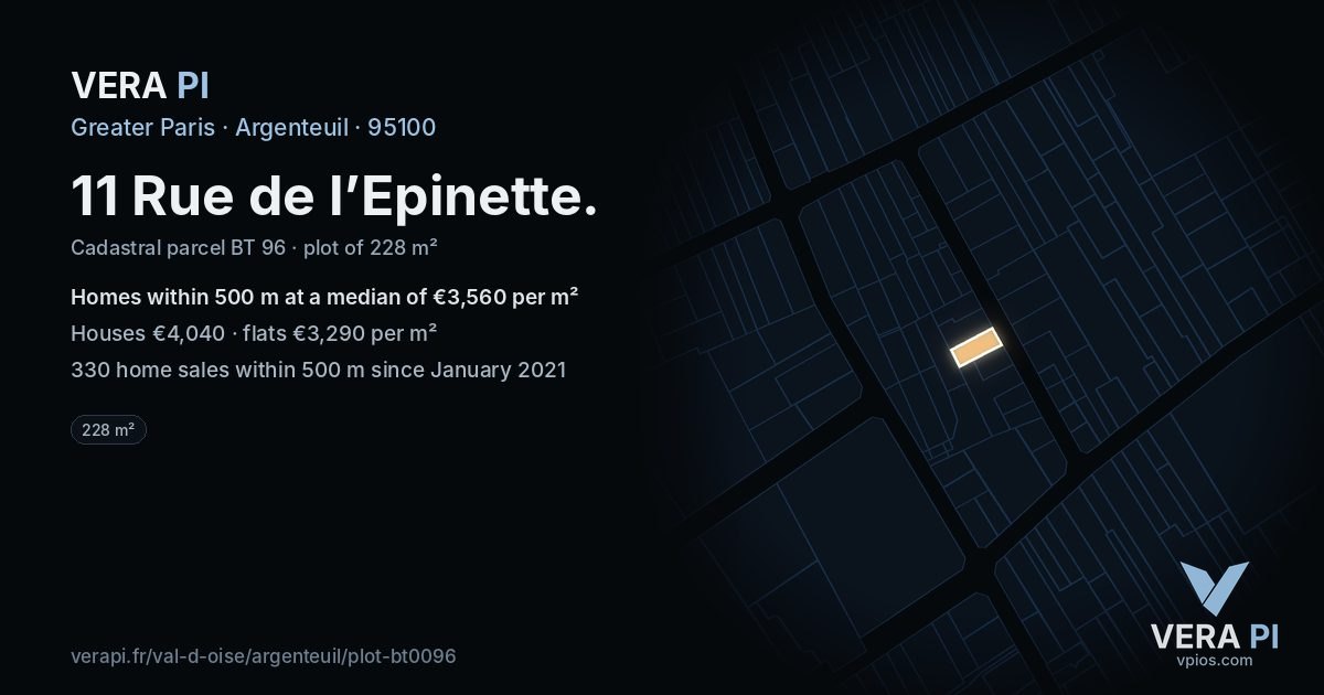 11 Rue de l’Epinette, Argenteuil at night – the plot lit, the parcels around coloured by the prices near them
