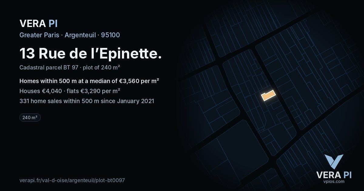 13 Rue de l’Epinette, Argenteuil at night – the plot lit, the parcels around coloured by the prices near them