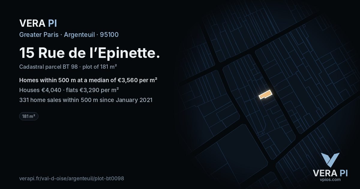 15 Rue de l’Epinette, Argenteuil at night – the plot lit, the parcels around coloured by the prices near them
