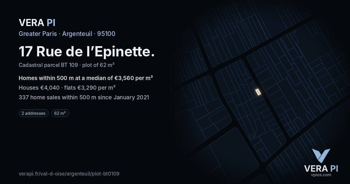 17 Rue de l’Epinette, Argenteuil at night – the plot lit, the parcels around coloured by the prices near them