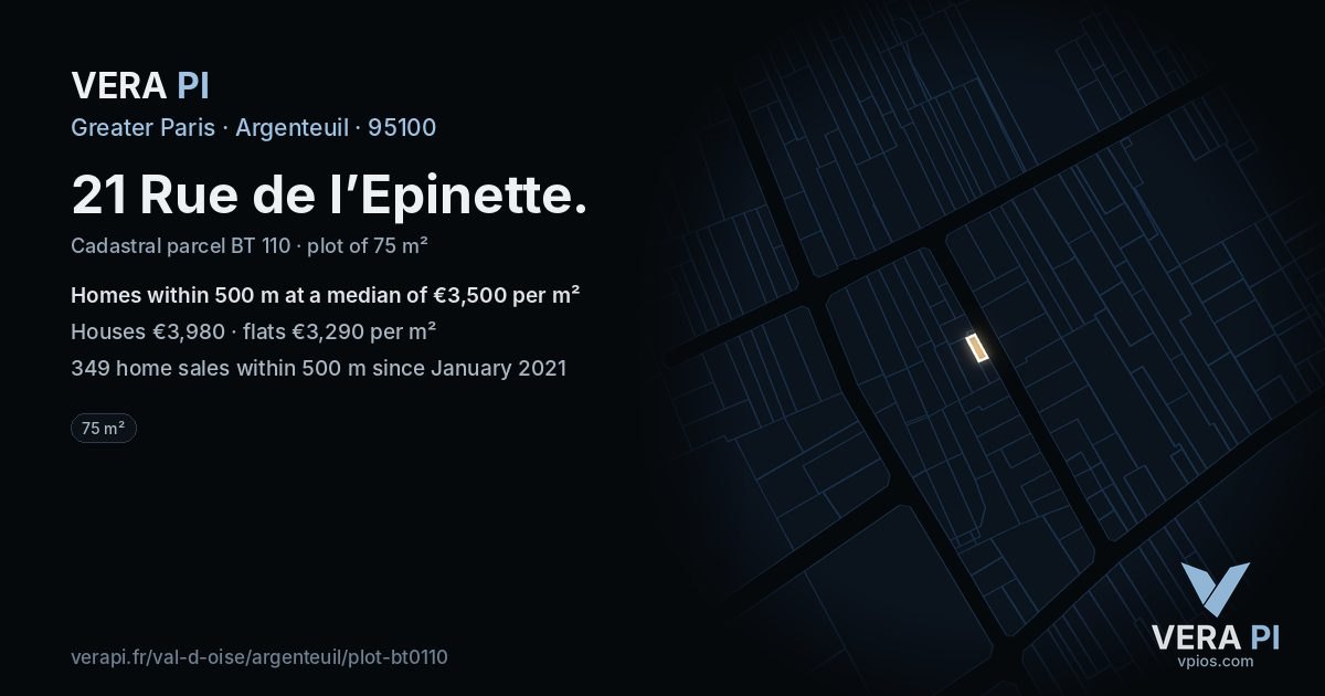 21 Rue de l’Epinette, Argenteuil at night – the plot lit, the parcels around coloured by the prices near them