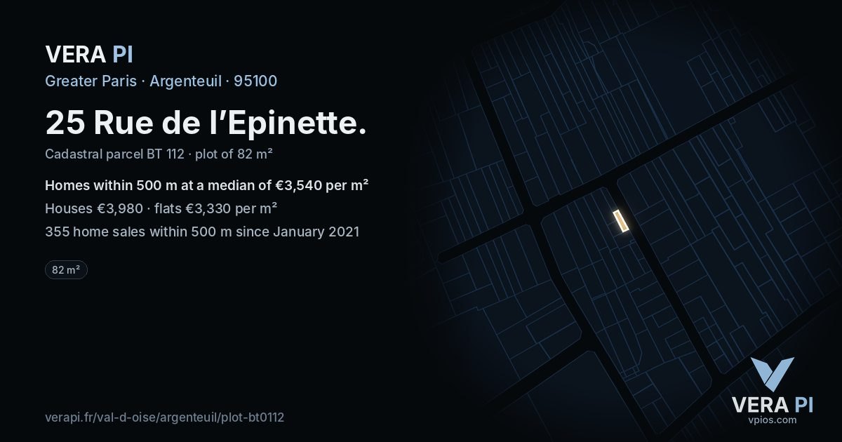 25 Rue de l’Epinette, Argenteuil at night – the plot lit, the parcels around coloured by the prices near them