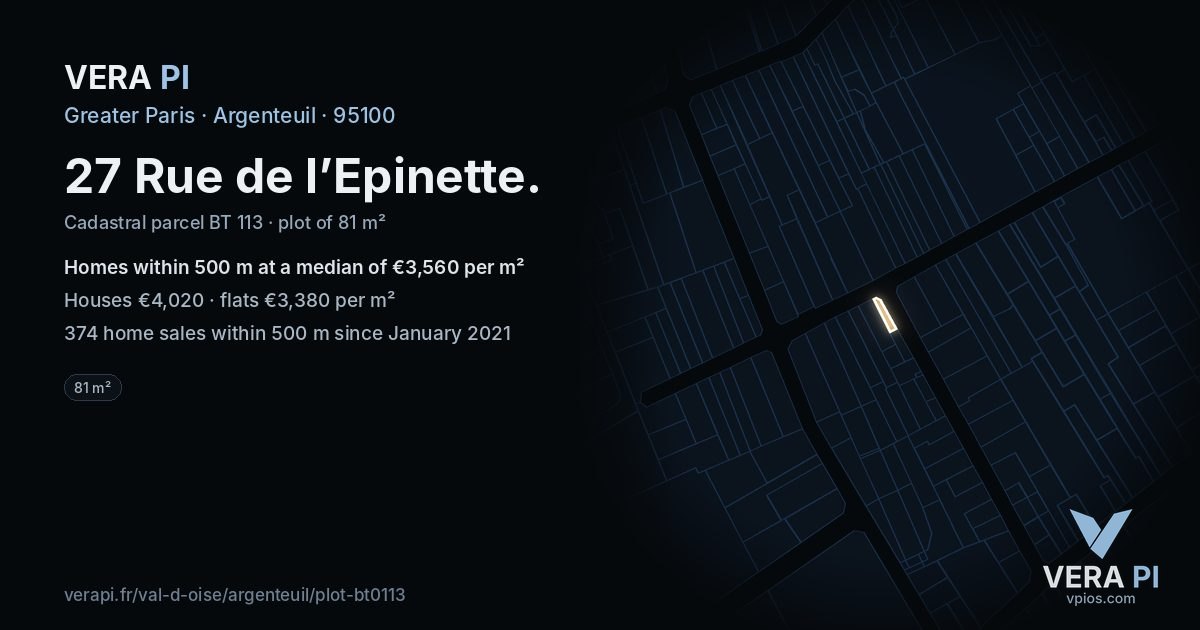 27 Rue de l’Epinette, Argenteuil at night – the plot lit, the parcels around coloured by the prices near them
