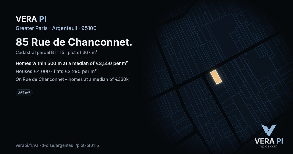 85 Rue de Chanconnet, Argenteuil at night – the plot lit, the parcels around coloured by the prices near them