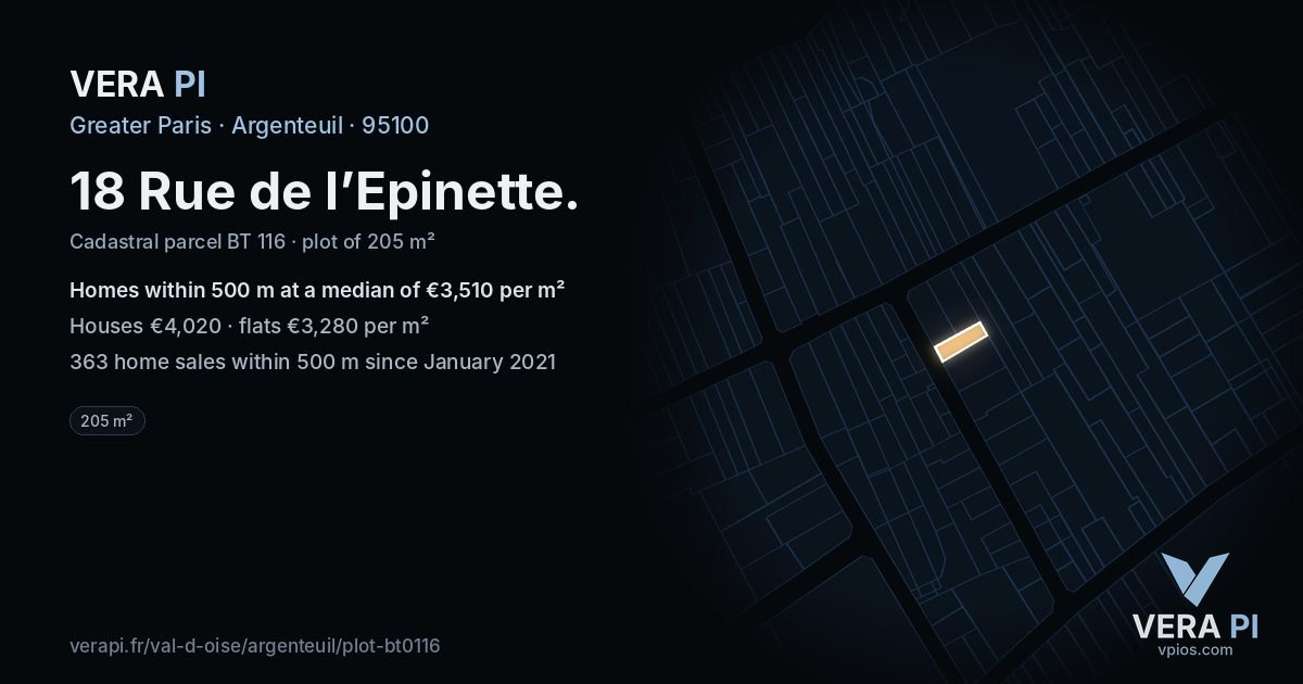 18 Rue de l’Epinette, Argenteuil at night – the plot lit, the parcels around coloured by the prices near them