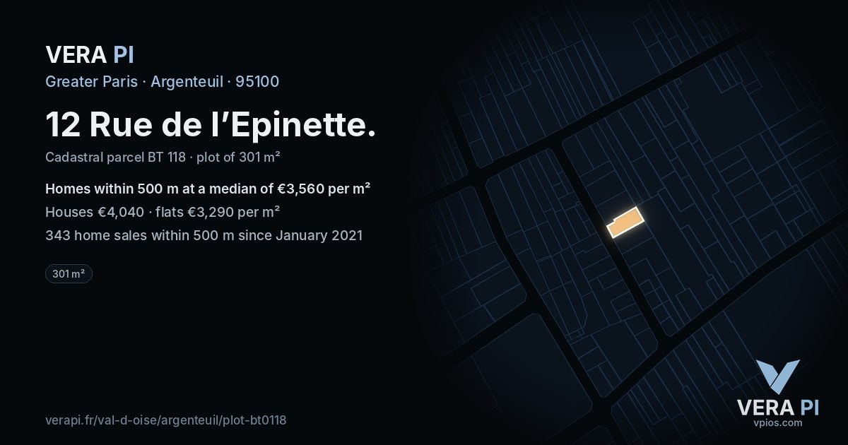 12 Rue de l’Epinette, Argenteuil at night – the plot lit, the parcels around coloured by the prices near them