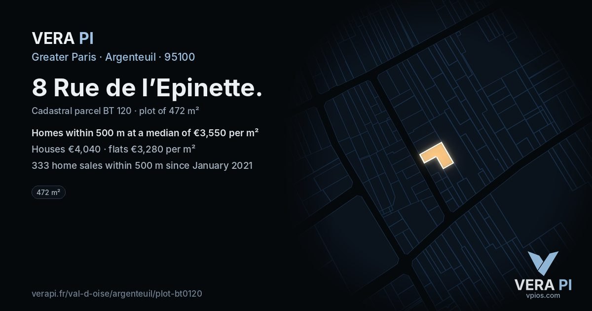 8 Rue de l’Epinette, Argenteuil at night – the plot lit, the parcels around coloured by the prices near them