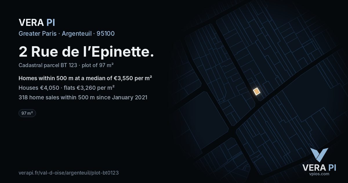 2 Rue de l’Epinette, Argenteuil at night – the plot lit, the parcels around coloured by the prices near them