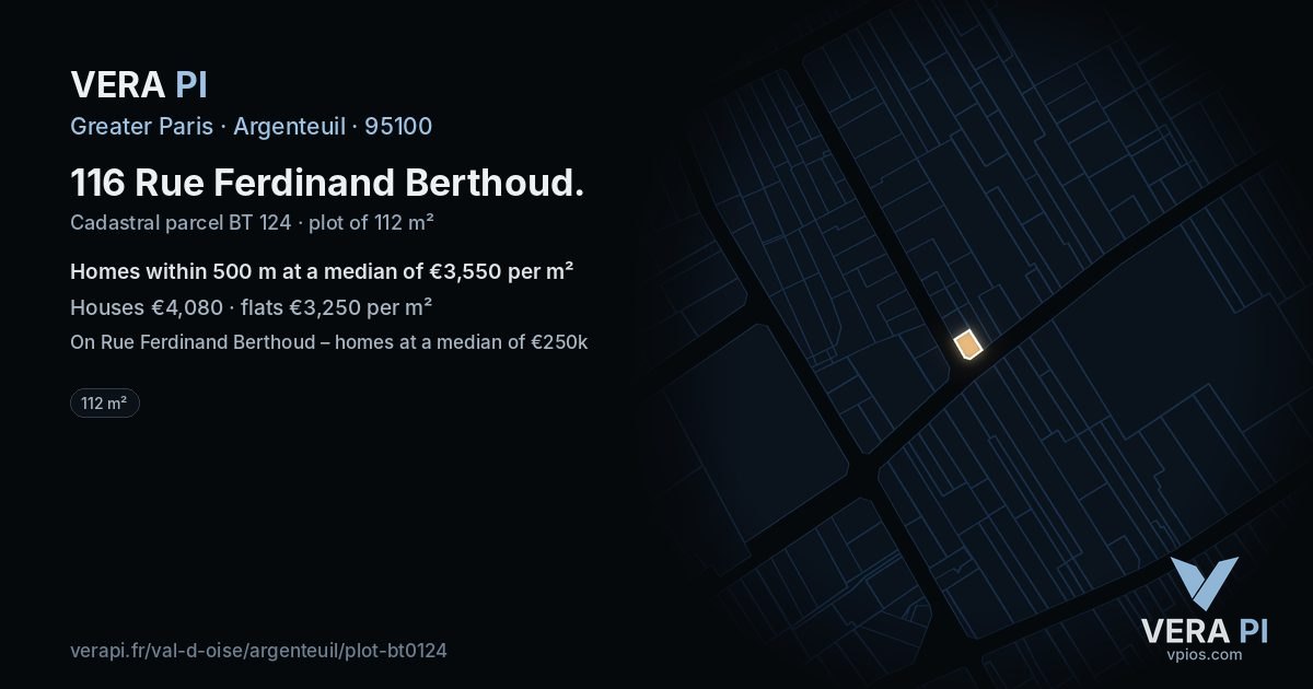 116 Rue Ferdinand Berthoud, Argenteuil at night – the plot lit, the parcels around coloured by the prices near them