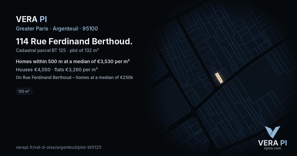 114 Rue Ferdinand Berthoud, Argenteuil at night – the plot lit, the parcels around coloured by the prices near them