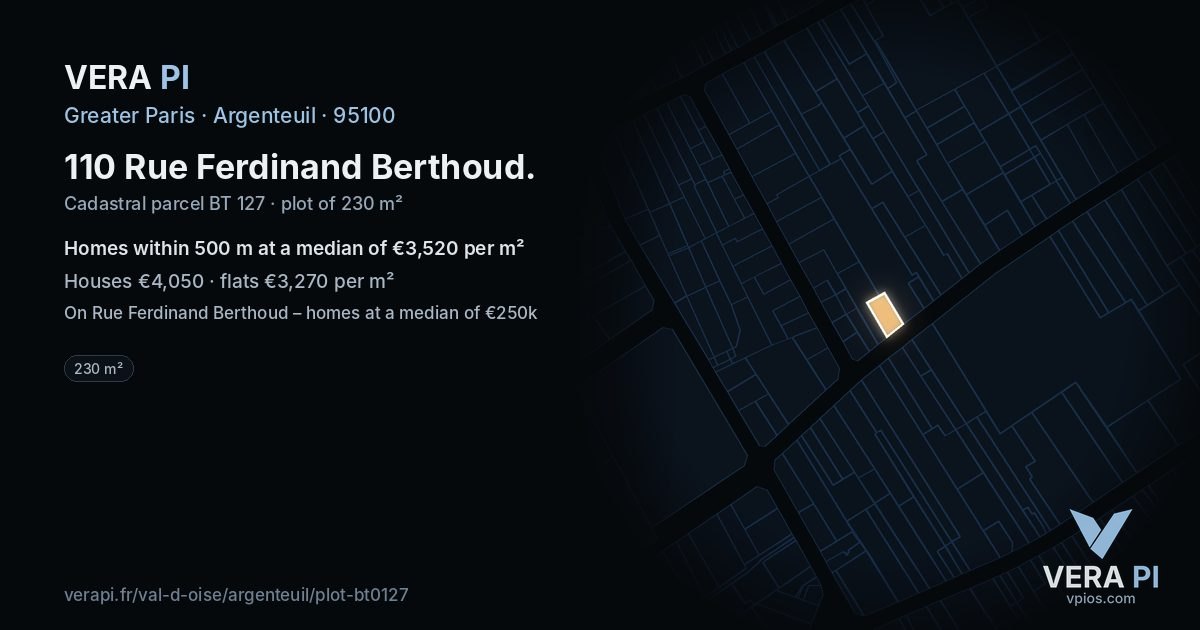 110 Rue Ferdinand Berthoud, Argenteuil at night – the plot lit, the parcels around coloured by the prices near them