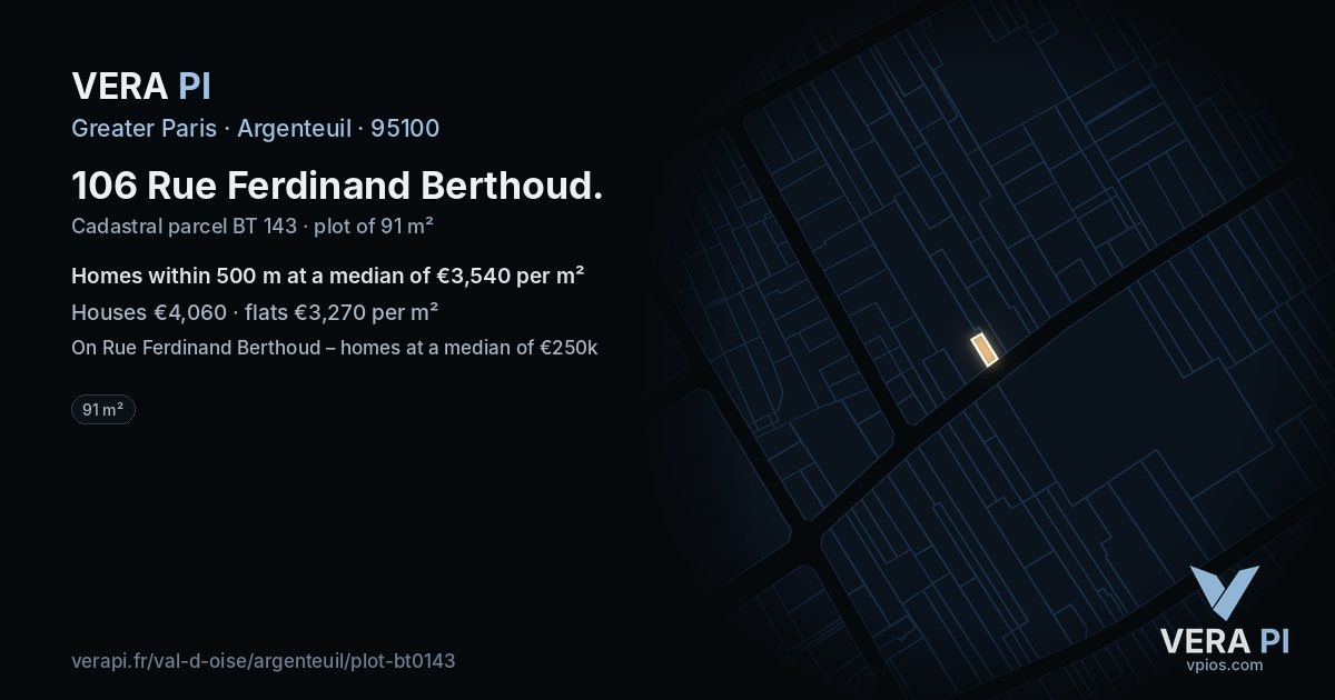 106 Rue Ferdinand Berthoud, Argenteuil at night – the plot lit, the parcels around coloured by the prices near them