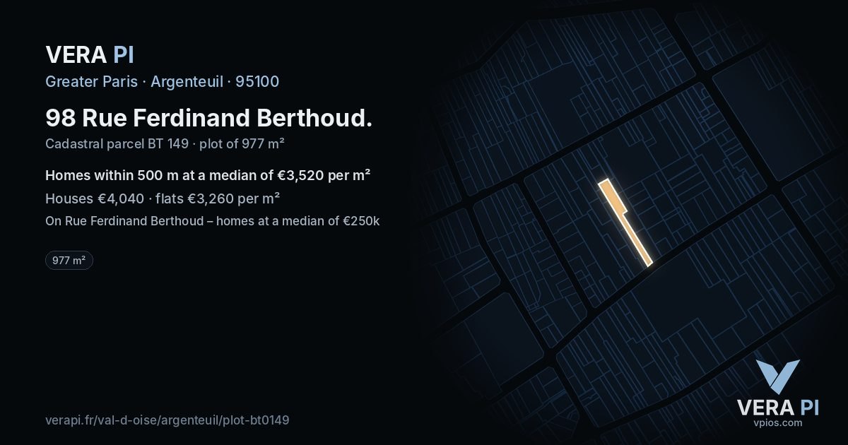 98 Rue Ferdinand Berthoud, Argenteuil at night – the plot lit, the parcels around coloured by the prices near them