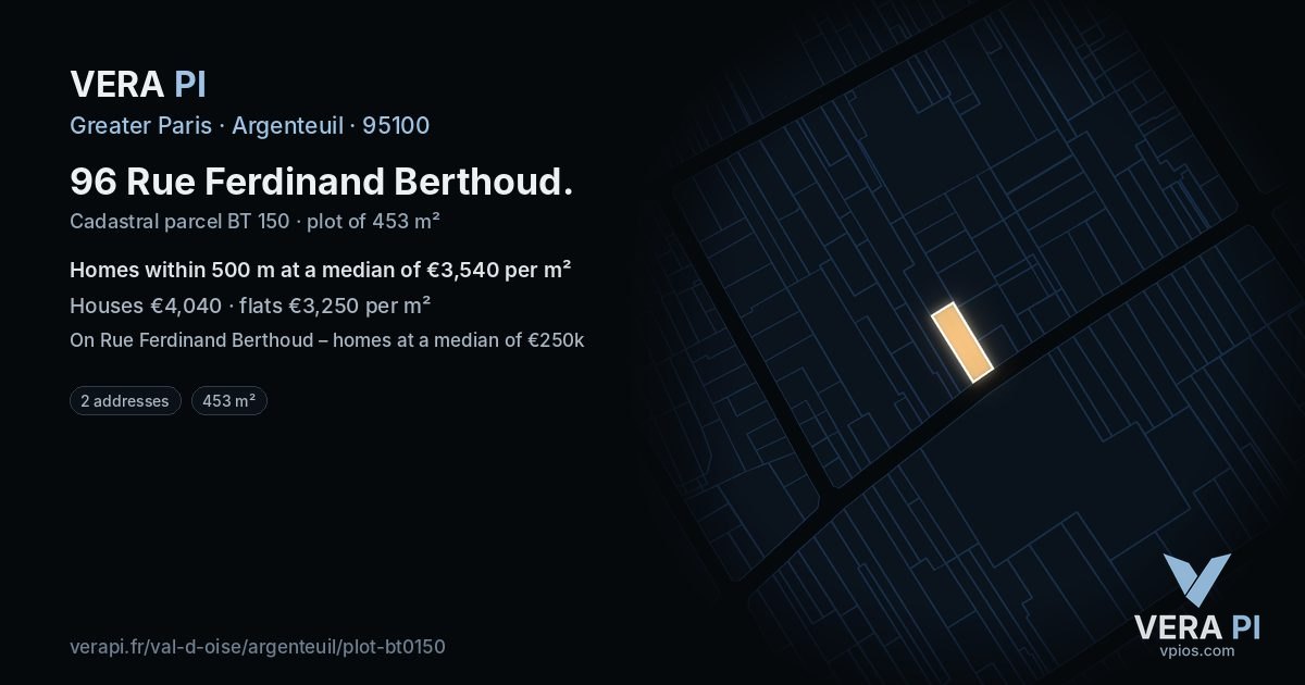 96 Rue Ferdinand Berthoud, Argenteuil at night – the plot lit, the parcels around coloured by the prices near them