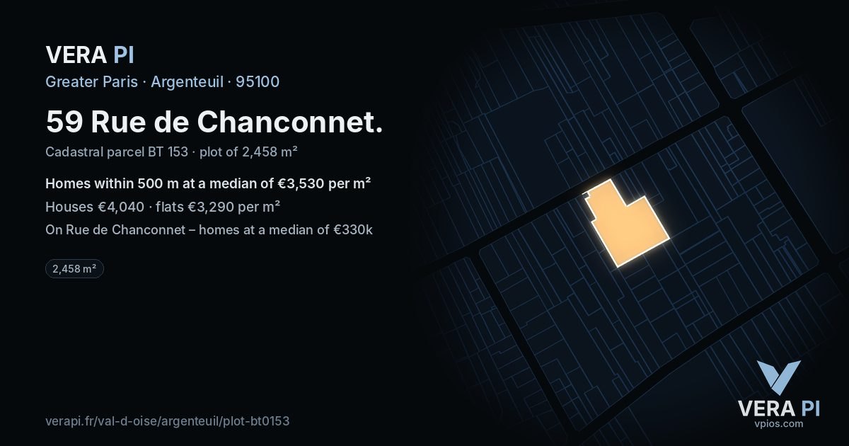 59 Rue de Chanconnet, Argenteuil at night – the plot lit, the parcels around coloured by the prices near them