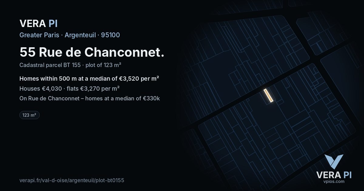 55 Rue de Chanconnet, Argenteuil at night – the plot lit, the parcels around coloured by the prices near them