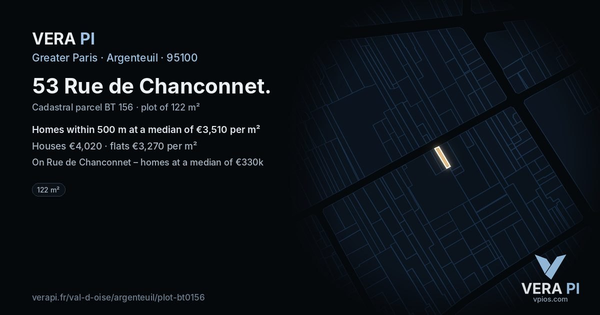 53 Rue de Chanconnet, Argenteuil at night – the plot lit, the parcels around coloured by the prices near them