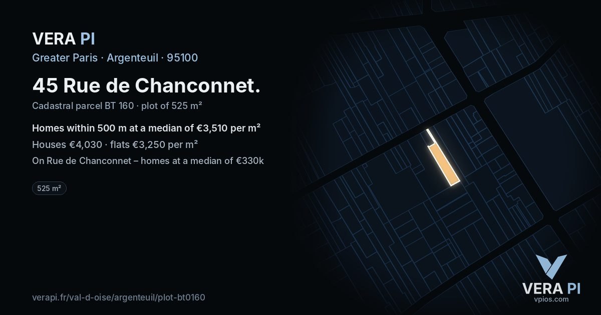 45 Rue de Chanconnet, Argenteuil at night – the plot lit, the parcels around coloured by the prices near them