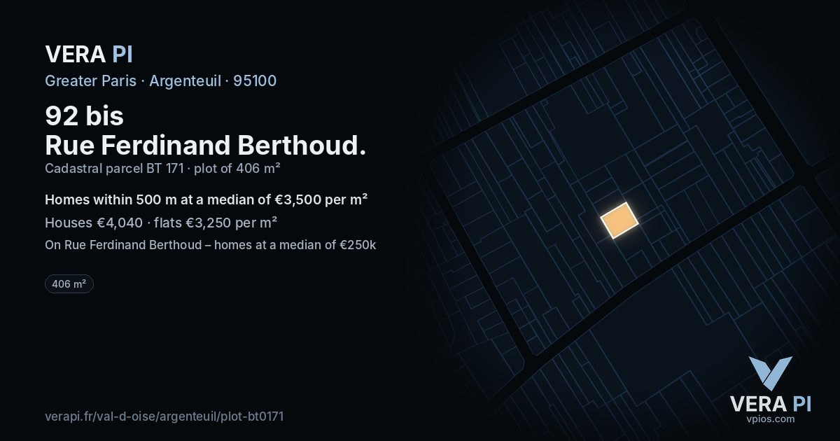 92 bis Rue Ferdinand Berthoud, Argenteuil at night – the plot lit, the parcels around coloured by the prices near them