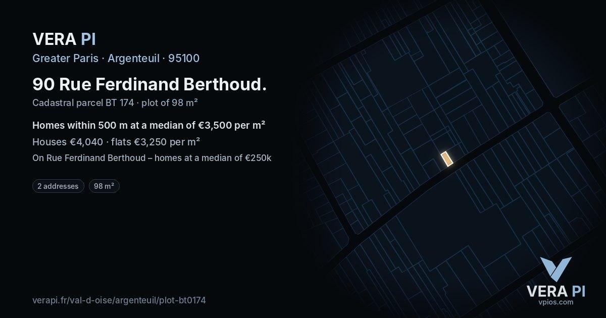 90 Rue Ferdinand Berthoud, Argenteuil at night – the plot lit, the parcels around coloured by the prices near them