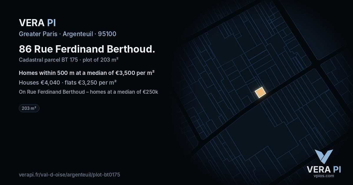 86 Rue Ferdinand Berthoud, Argenteuil at night – the plot lit, the parcels around coloured by the prices near them