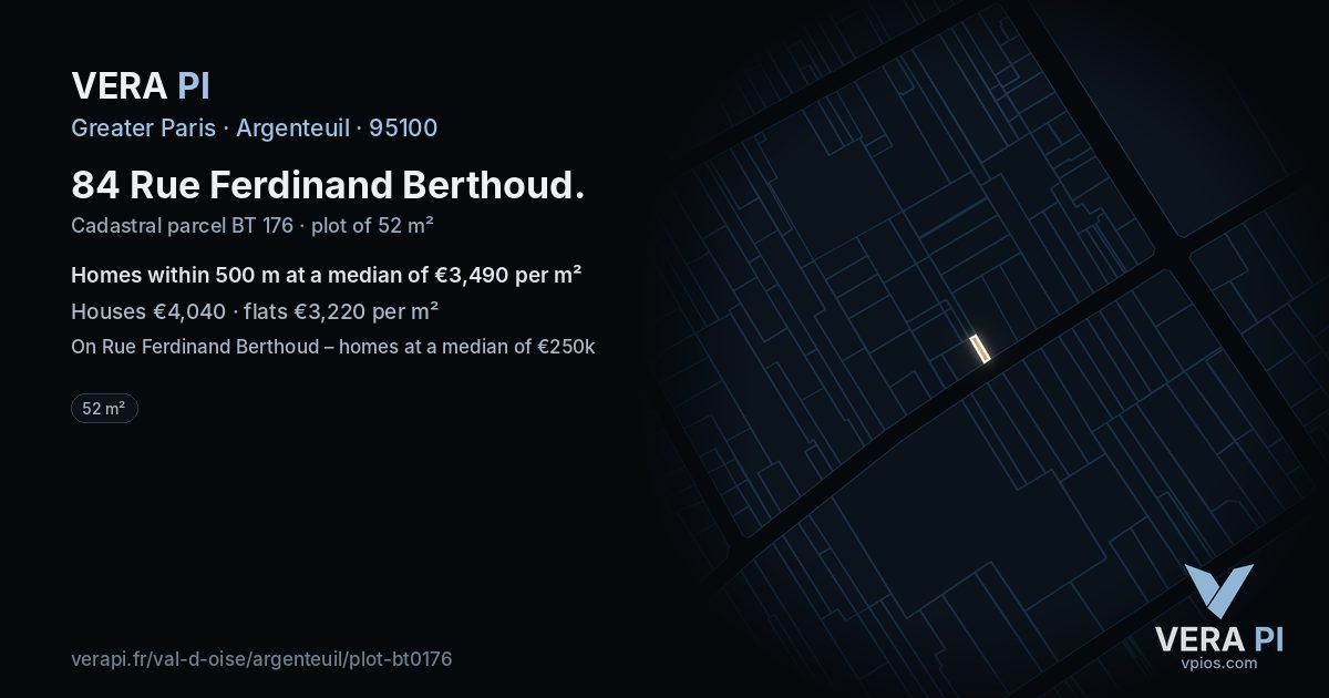 84 Rue Ferdinand Berthoud, Argenteuil at night – the plot lit, the parcels around coloured by the prices near them