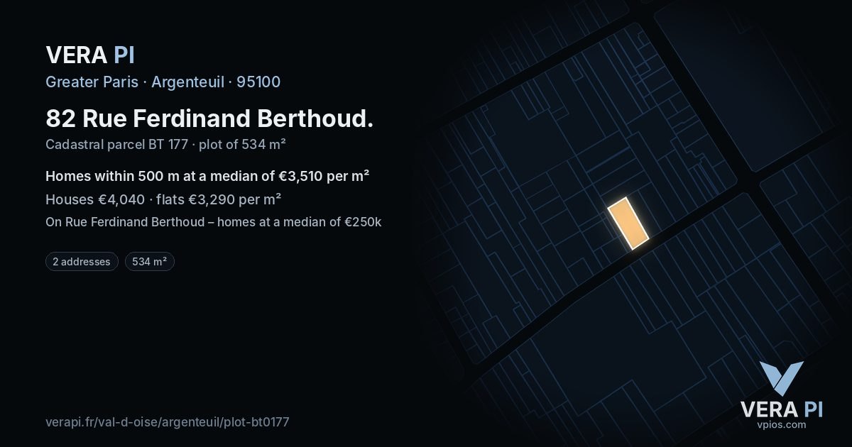 82 Rue Ferdinand Berthoud, Argenteuil at night – the plot lit, the parcels around coloured by the prices near them