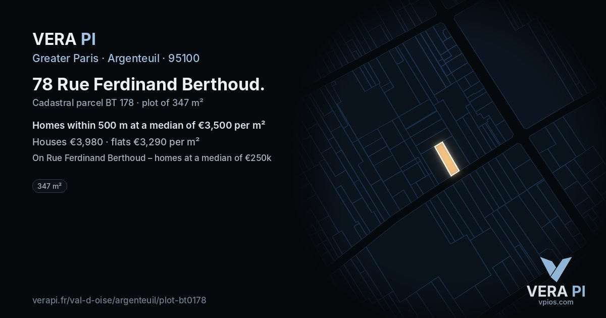 78 Rue Ferdinand Berthoud, Argenteuil at night – the plot lit, the parcels around coloured by the prices near them