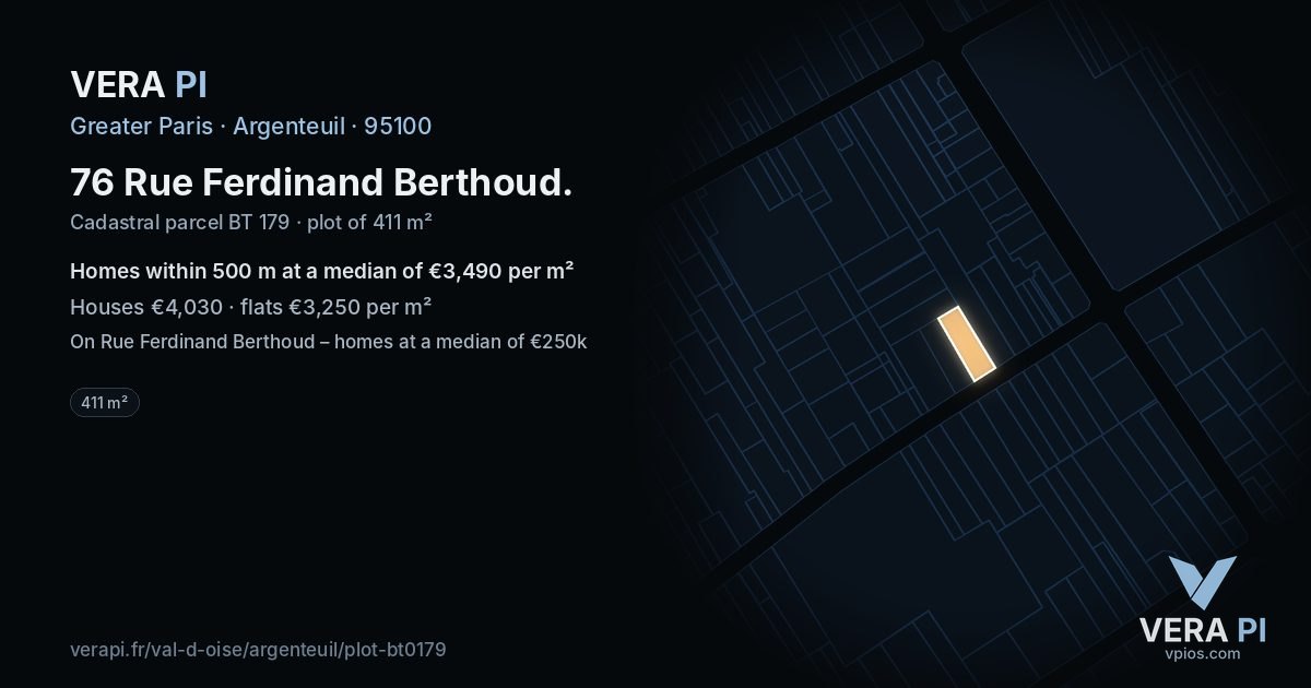 76 Rue Ferdinand Berthoud, Argenteuil at night – the plot lit, the parcels around coloured by the prices near them
