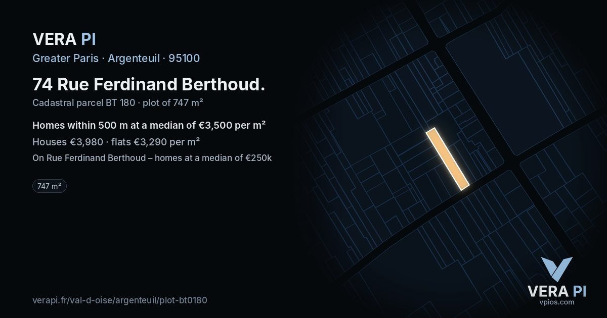 74 Rue Ferdinand Berthoud, Argenteuil at night – the plot lit, the parcels around coloured by the prices near them