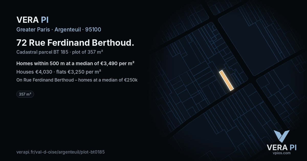 72 Rue Ferdinand Berthoud, Argenteuil at night – the plot lit, the parcels around coloured by the prices near them