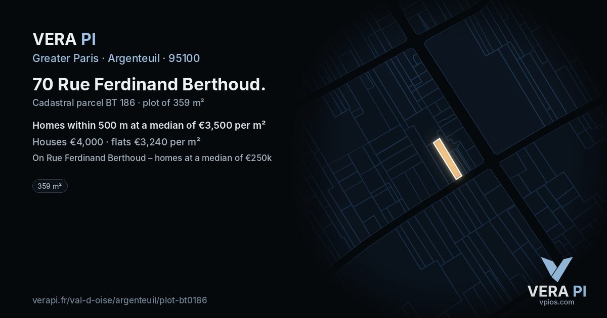 70 Rue Ferdinand Berthoud, Argenteuil at night – the plot lit, the parcels around coloured by the prices near them