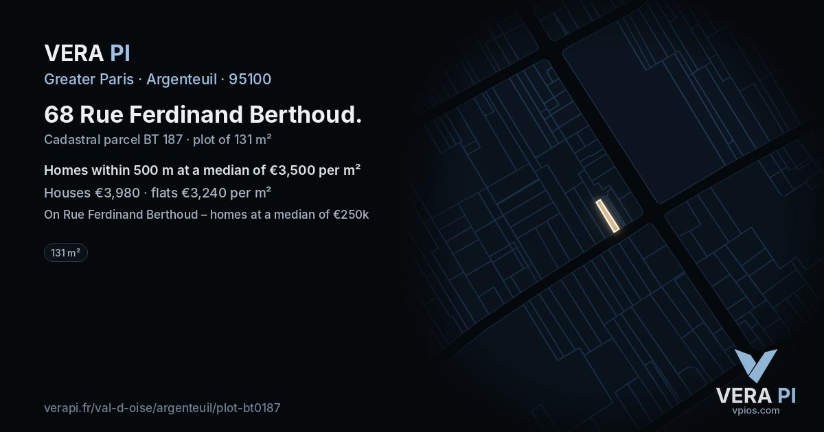 68 Rue Ferdinand Berthoud, Argenteuil at night – the plot lit, the parcels around coloured by the prices near them