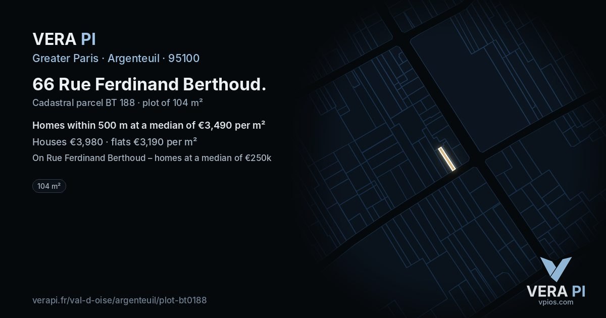 66 Rue Ferdinand Berthoud, Argenteuil at night – the plot lit, the parcels around coloured by the prices near them