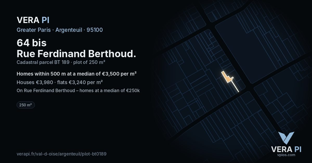 64 bis Rue Ferdinand Berthoud, Argenteuil at night – the plot lit, the parcels around coloured by the prices near them