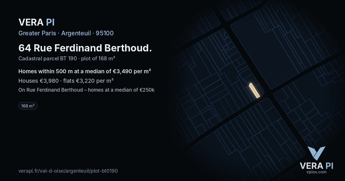 64 Rue Ferdinand Berthoud, Argenteuil at night – the plot lit, the parcels around coloured by the prices near them