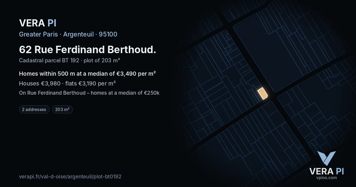 62 Rue Ferdinand Berthoud, Argenteuil at night – the plot lit, the parcels around coloured by the prices near them