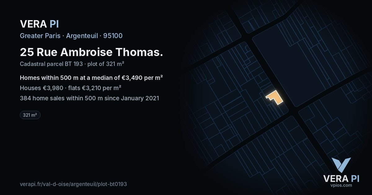 25 Rue Ambroise Thomas, Argenteuil at night – the plot lit, the parcels around coloured by the prices near them