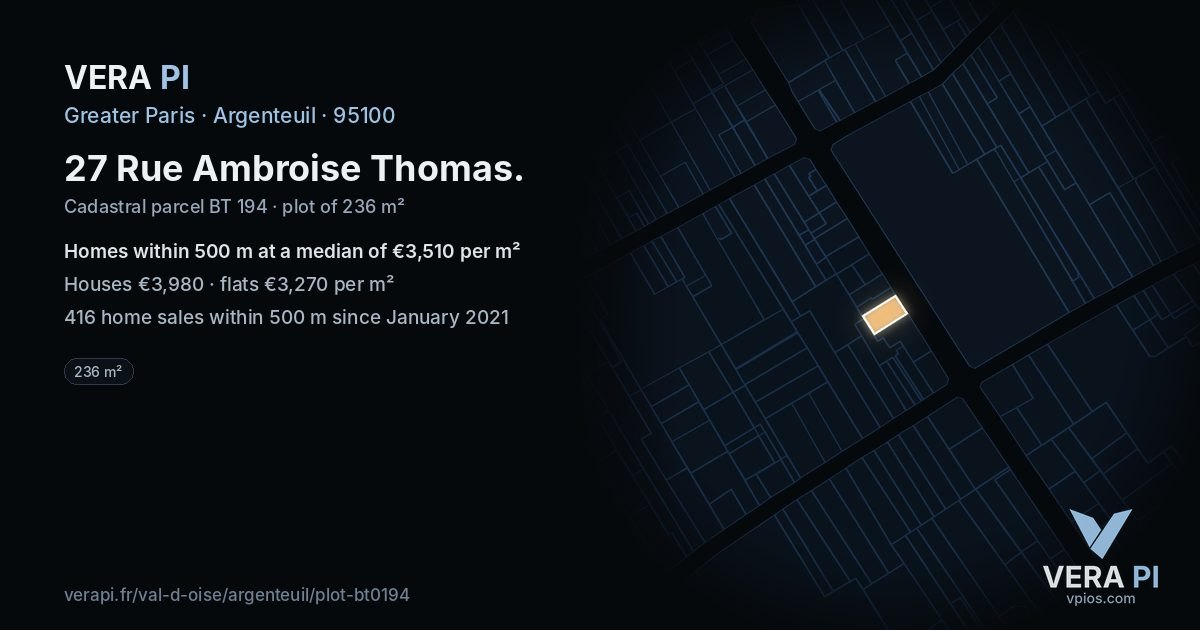 27 Rue Ambroise Thomas, Argenteuil at night – the plot lit, the parcels around coloured by the prices near them