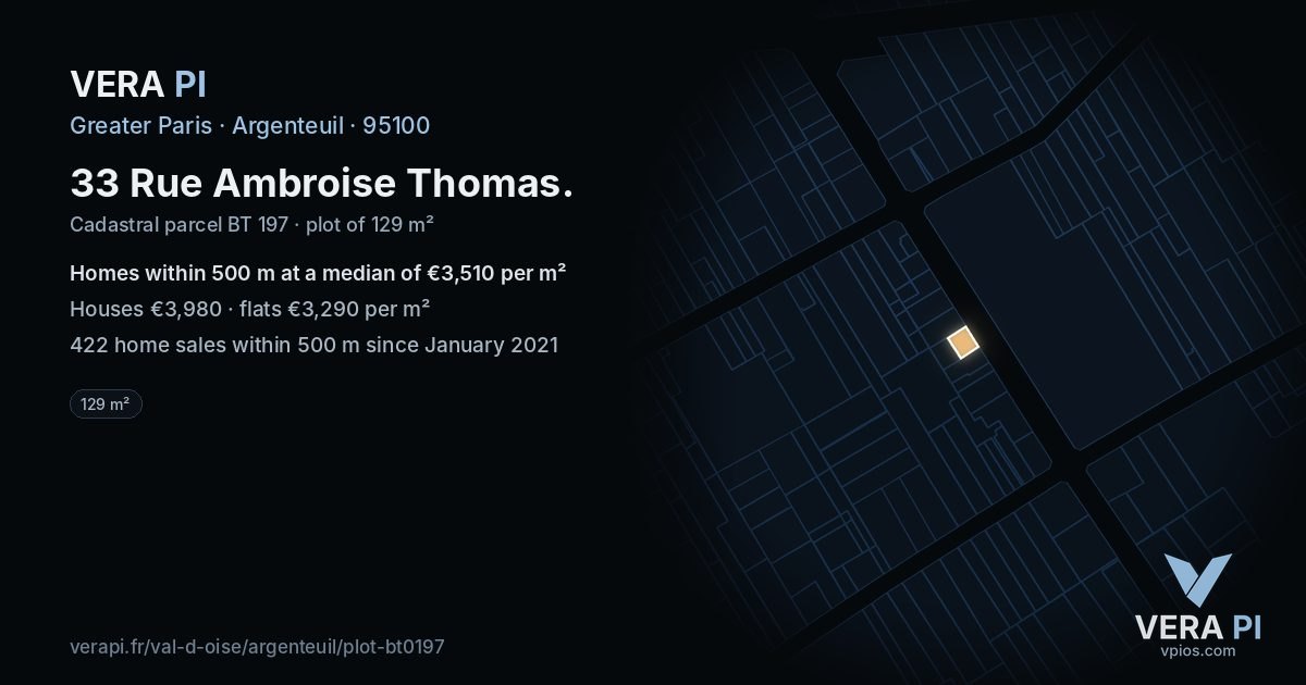 33 Rue Ambroise Thomas, Argenteuil at night – the plot lit, the parcels around coloured by the prices near them