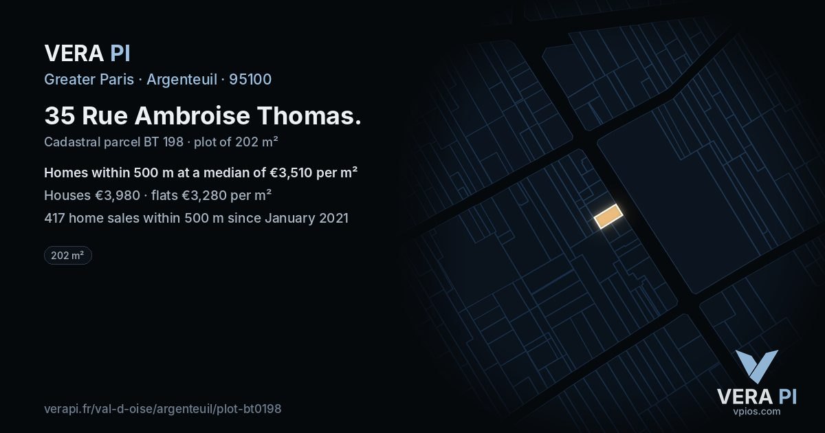 35 Rue Ambroise Thomas, Argenteuil at night – the plot lit, the parcels around coloured by the prices near them